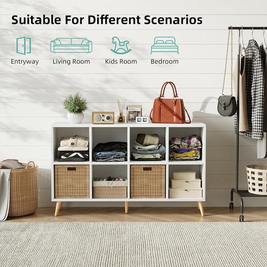2 Tier Retro Bookcase with Legs 8 Cube Bookshelf 120cm Wood Bookshelves Storage Organizer Shelf, Freestanding
