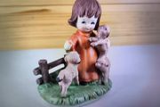 Girl With Lambs Figurine Vintage Flower