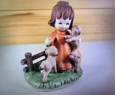 Girl With Lambs Figurine Vintage Flower