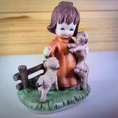 Girl With Lambs Figurine Vintage Flower