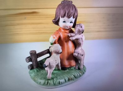 Girl With Lambs Figurine Vintage Flower
