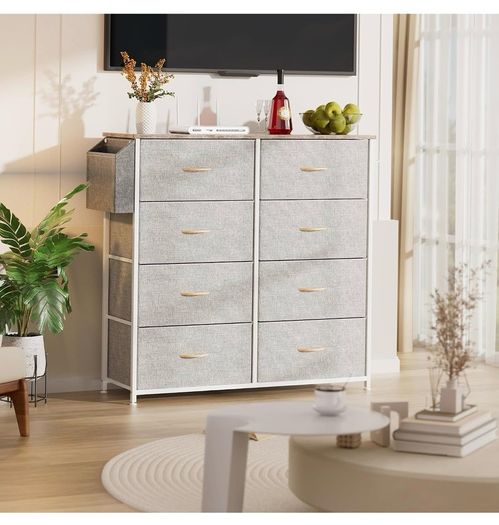 Fabric Chest of Drawers - Canvas Storage Unit with 8 Large Drawers Label Cards, Side Pocket & Hook for Living Room, Hallway, Bedroom