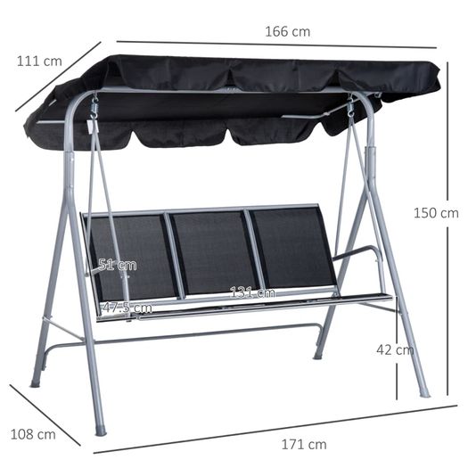 Metal Garden Swing Chair, 3-Seater Swing Seat, Patio Hammock Bench Canopy Lounger, Black