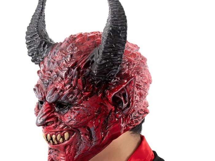 Red horror Devil latex mask spooky long horn devil cosplay for Halloween.