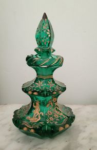 Antique bohemian cut glass perfume bottle with gold enamel design