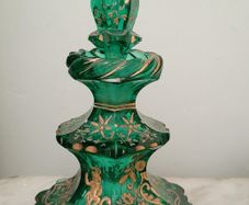 Antique bohemian cut glass perfume bottle with gold enamel design