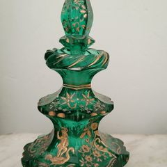 Antique bohemian cut glass perfume bottle with gold enamel design
