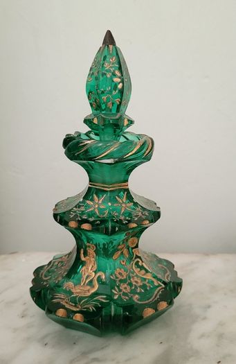 Antique bohemian cut glass perfume bottle with gold enamel design