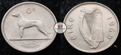 [#192] - Ireland 1969 | Irish 6p | Six Pence | Wolfhound | KM.13a | High Grade