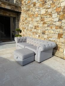Beautiful grey chesterfield sofa & storage pouffe