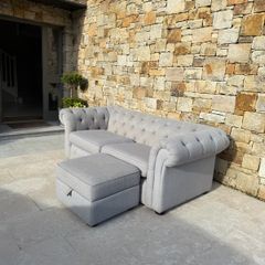 Beautiful grey chesterfield sofa & storage pouffe