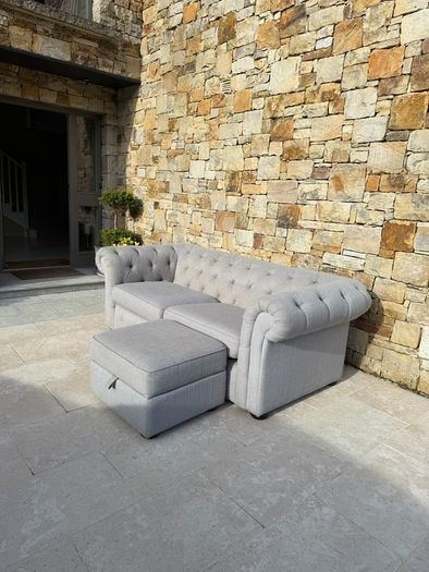 Beautiful grey chesterfield sofa & storage pouffe