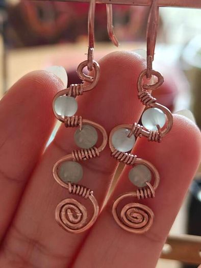Handmade Copper Wire Wrapped Earrings, Milky Glass Beads, Boho Spiral Dangles