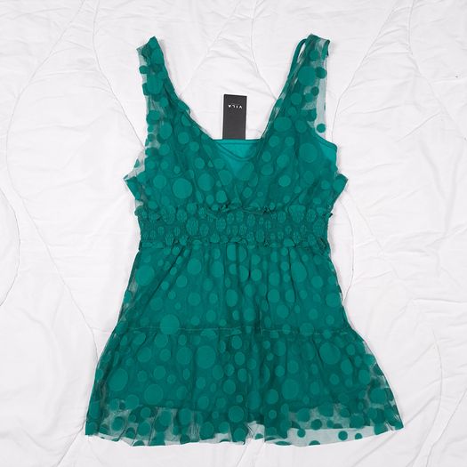 Vila Deep Teal Green Polka Dot Mesh Layered V-Neck Tank Top Cami Size XL