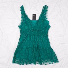 Vila Deep Teal Green Polka Dot Mesh Layered V-Neck Tank Top Cami Size XL