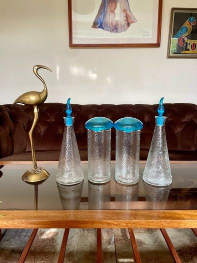 Set of Glass Genie Bottles with Turquoise Blue Flame Stoppers and Tall Containers with Mushroom Lids MCM Retro