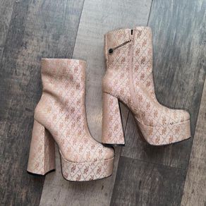 River Island Beige/Gold Monogram Platform Ankle Boots UK 5 / EU 38