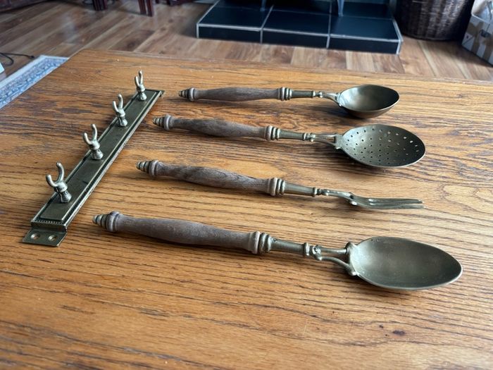 French vintage solid brass and wooden kitchen utensils