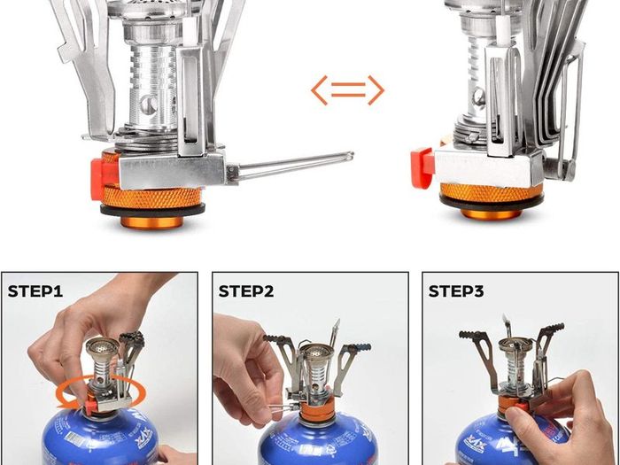 Camping Stove with Fuel Can Stabilizer, Portable Windproof Camping Gas Stove with Carry Case, Mini Foldable Gas Tank Tripod, Pocket Stove Perfect for Camping, Hiking and Trekking