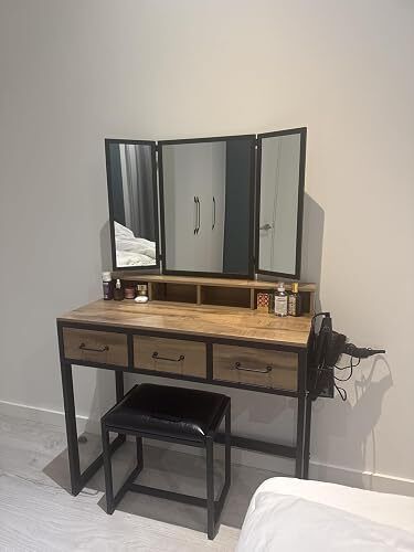 Dressing Table with Mirror and Stool, Vanity Table with Tri-Fold Mirror, 3 Drawers, Hair Dryer Holder