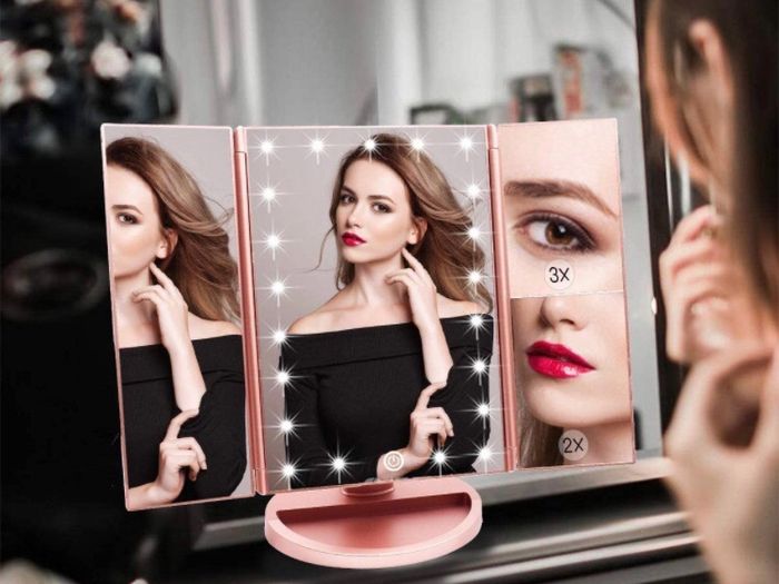 Vanity Makeup Mirror,1x/2x/3x Tri-Fold Makeup Mirror with 21 LED Lights and Adjustable Touch Screen