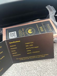 1kg Pure Copper Bar. 1000g fine copper bar with box and certificate