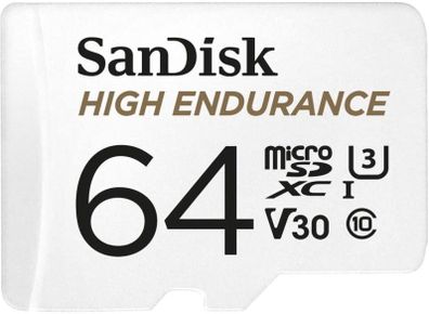 SanDisk HIGH ENDURANCE Video Monitoring for Dashcams & Home Monitoring 64 GB microSDXC Memory Card + SD Adaptor, Up to 100 MB/s read and 40 MB/s Write, Class 10, U3, V30, White