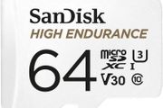 SanDisk HIGH ENDURANCE Video Monitoring for Dashcams &amp; Home Monitoring 64 GB microSDXC Memory Card + SD Adaptor, Up to 100 MB/s read and 40 MB/s Write, Class 10, U3, V30, White