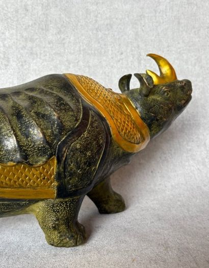 Vintage Chinese Rhinoceros (42cm/7kg) - Bronze With Gilt Accents, Stamped