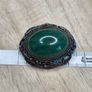 Antique Silver Filigree Enamel Green Aventurine Cabochon Brooch 14g Image 4