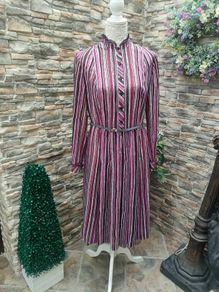 Vintage 70s 80s purple grey stripe secretary midi dress size M Postage included