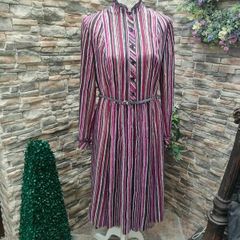 Vintage 70s 80s purple grey stripe secretary midi dress size M Postage included