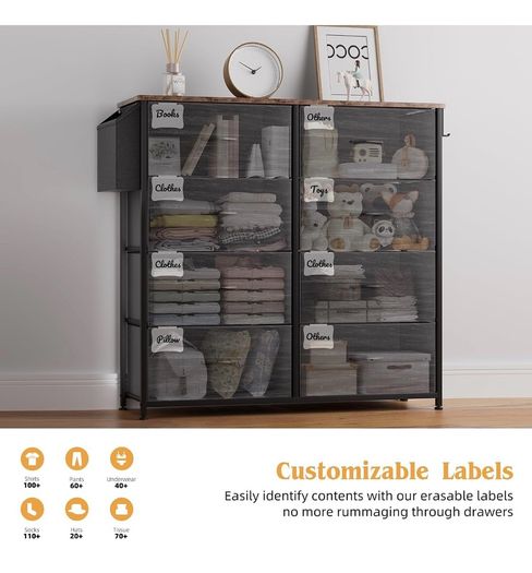 Fabric Chest of Drawers - Canvas Storage Unit with 8 Large Drawers Label Cards, Side Pocket & Hook for Living Room, Hallway, Bedroom