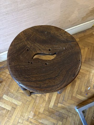 Antique Victorian Elm Stool with Hand Hole, Tall, Turned Legs