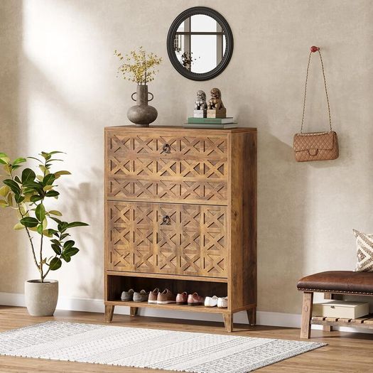 Vintage Brown Shoe Cabinet with 2 Folding Drawers, Freestanding Shoe Storage Organiser for Hallway, Entryway & Home
