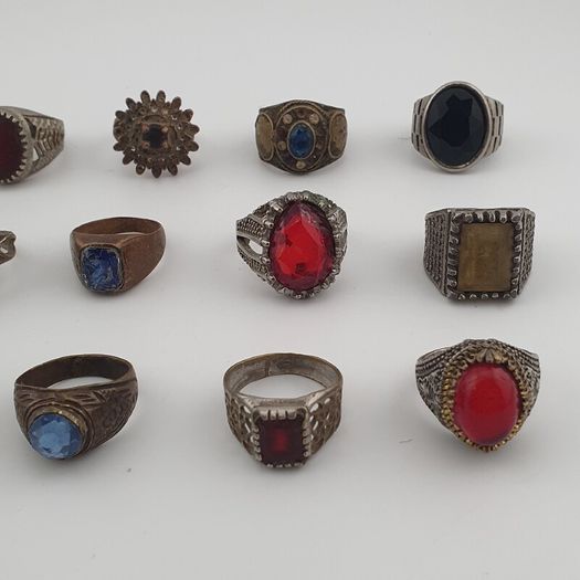 15 Antique Style Brass Rings Mixed Stone & Colourful Glass Accents