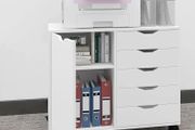 5 Drawer Mobile Filing Cabinet With Door, Wooden Lateral File Cupboard On Wheels Multifunctional Printer Stand For Home Office Documents Organiser Rolling Storage Unit White Furniture