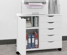 5 Drawer Mobile Filing Cabinet With Door, Wooden Lateral File Cupboard On Wheels Multifunctional Printer Stand For Home Office Documents Organiser Rolling Storage Unit White Furniture