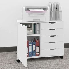 5 Drawer Mobile Filing Cabinet With Door, Wooden Lateral File Cupboard On Wheels Multifunctional Printer Stand For Home Office Documents Organiser Rolling Storage Unit White Furniture