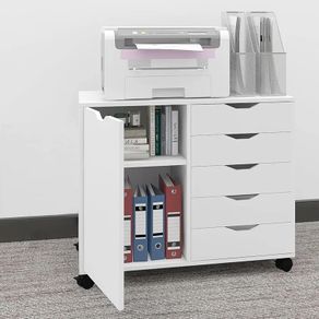 5 Drawer Mobile Filing Cabinet With Door, Wooden Lateral File Cupboard On Wheels Multifunctional Printer Stand For Home Office Documents Organiser Rolling Storage Unit White Furniture