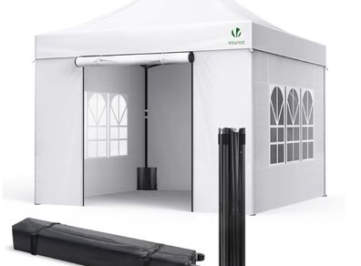 3x3m Heavy Duty Gazebo with 4 Sides, Pop up Gazebo Fully Waterproof Party Tent with Roller Bag and Leg Weights, White