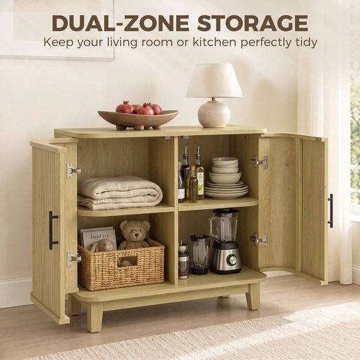 80cm Sideboard Buffet Cabinet, Storage Cabinet with 2 Curved Doors, Adjustable Shelf and Legs for Dining Room, Oak