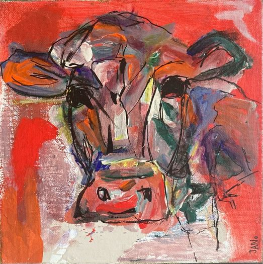 Original Art - Auction - Cow in Abstract Aesthetic Original Painting 29 cm framed