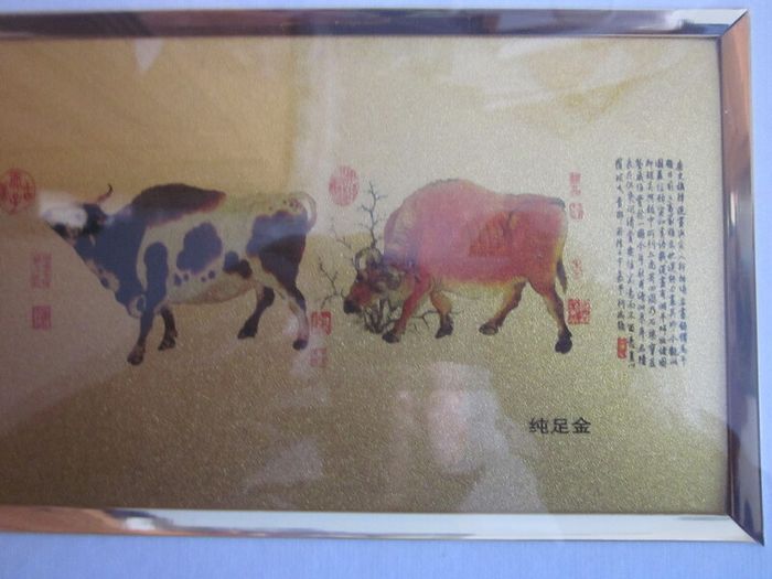 Chinese Framed Picture of Five Oxen/Cattle