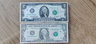 2 Banknotes USA 2dolars 1976 and 1 dolar 1988