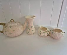 Vintage Belleek Irish China Classic Shamrock & Basketweave Pattern