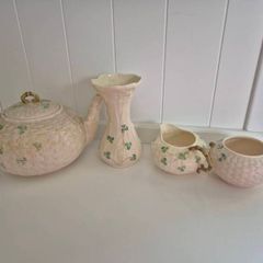 Vintage Belleek Irish China Classic Shamrock & Basketweave Pattern
