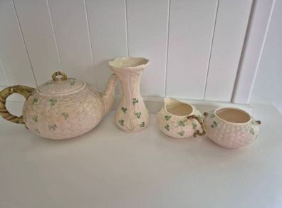 Vintage Belleek Irish China Classic Shamrock & Basketweave Pattern