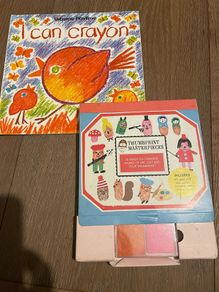 Kids arts and crafts activity books crayon drawing and thumbprint ink art