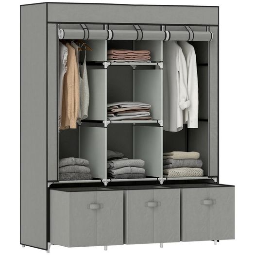 Foldable Fabric Wardrobe for Bedroom, Portable Wardrobe with 5 Shelves, 2 Hanging Rails and 3 Fabric Drawers, Light Grey